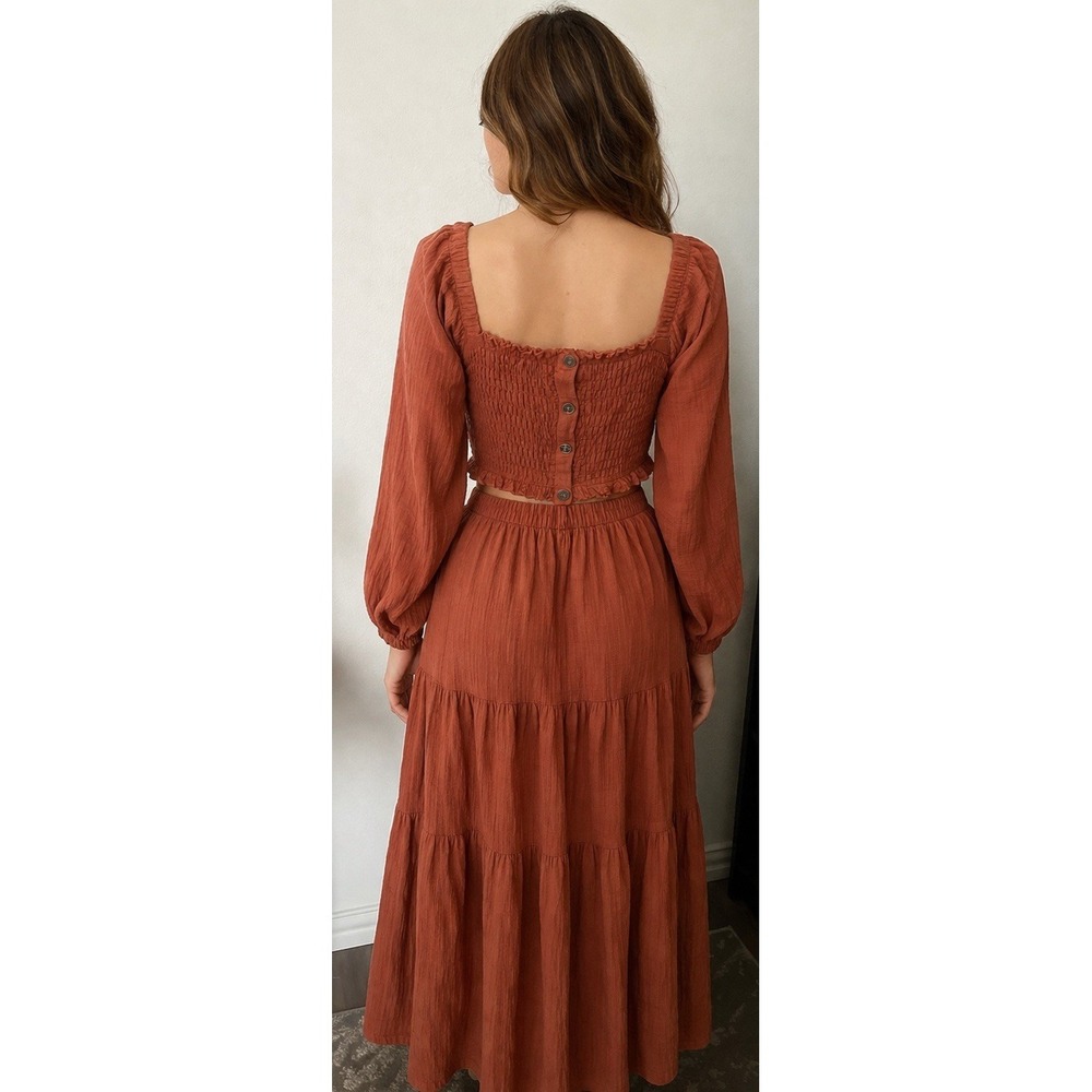 BeachLunchLounge‎ Boho Smocked Midi Dress XL Rust Tiered Gauze Coastal Vacation